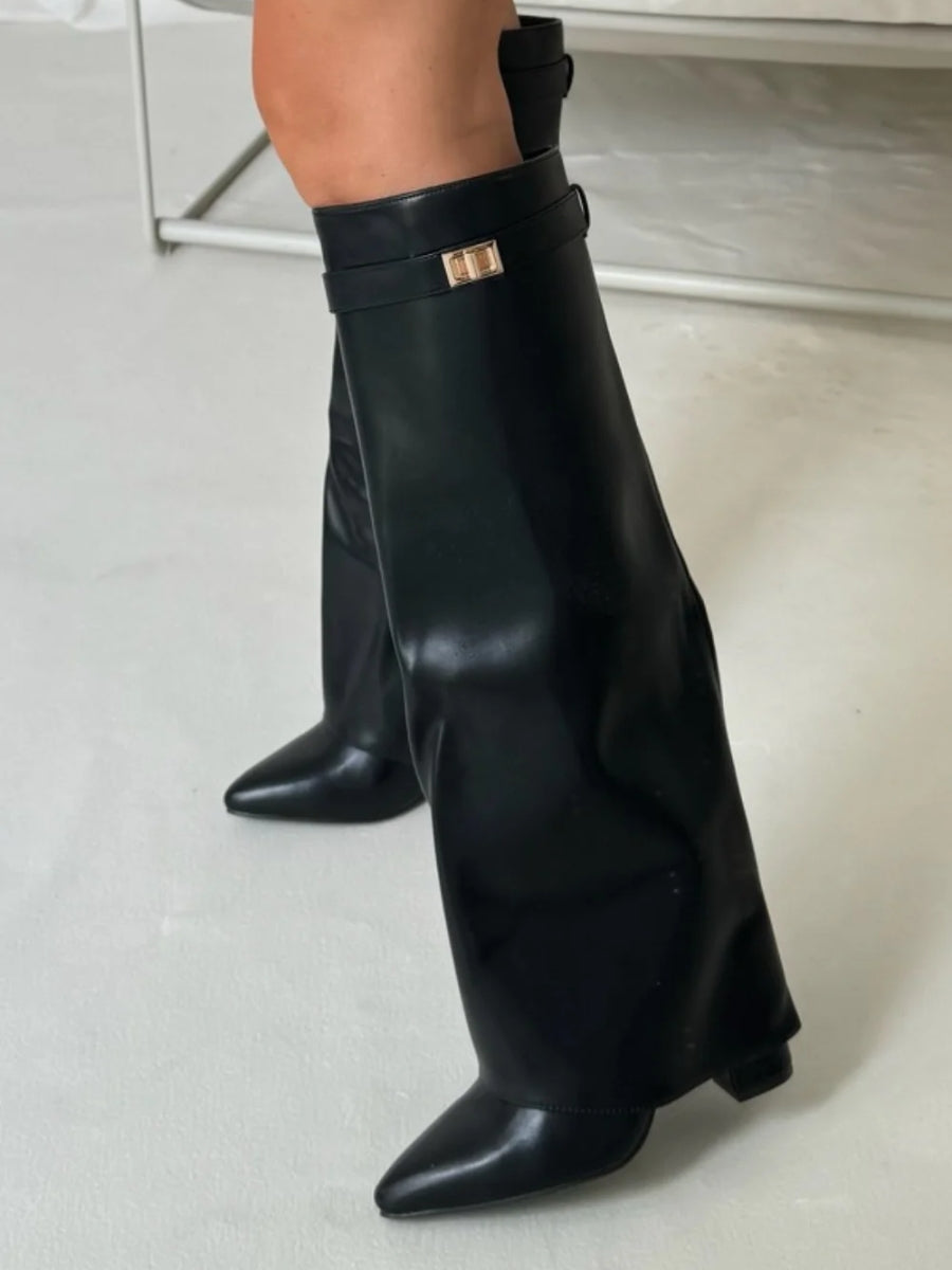 Fiona - Women's Buckle Knee-High Boots with Wide Flare Cuff