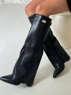 Fiona - Women's Buckle Knee-High Boots with Wide Flare Cuff