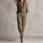 Flor - Women's Plaid Collared Tapered Jumpsuit 1