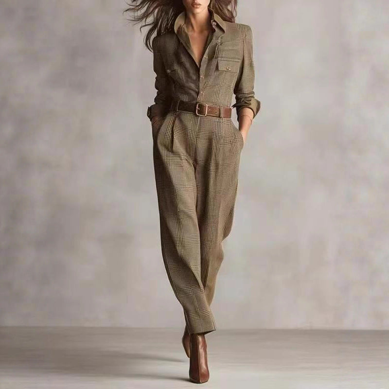 Flor - Women's Plaid Collared Tapered Jumpsuit 1