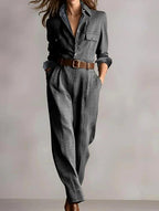 Flor - Women's Plaid Collared Tapered Jumpsuit 2