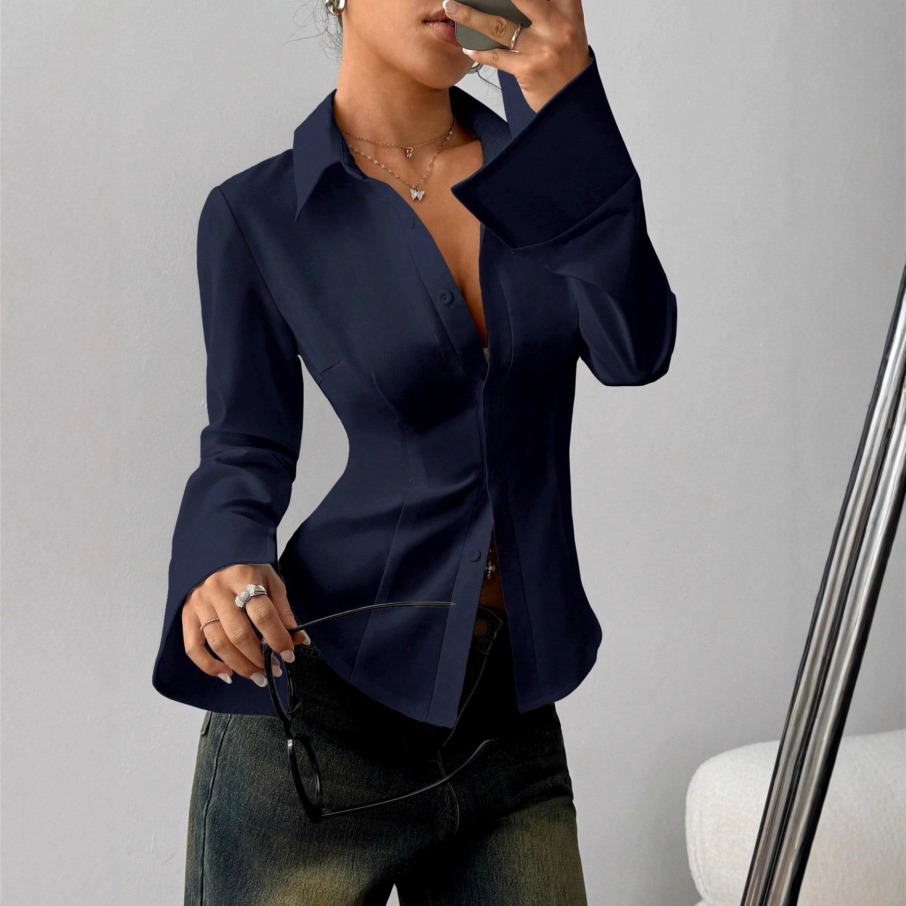 Gabrila - Women's Fitted Button-Down Statement Cuff Blouse 2