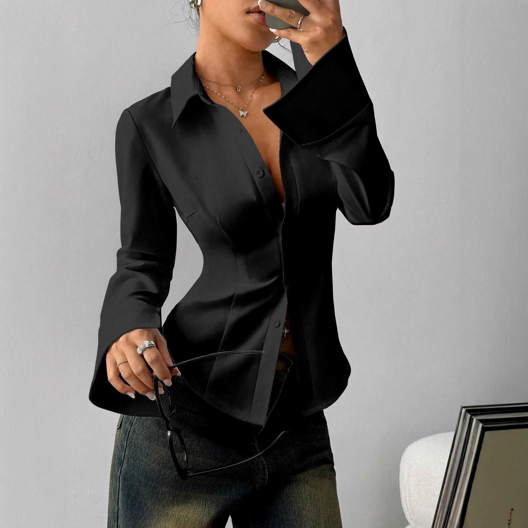 Gabrila - Women's Fitted Button-Down Statement Cuff Blouse 3