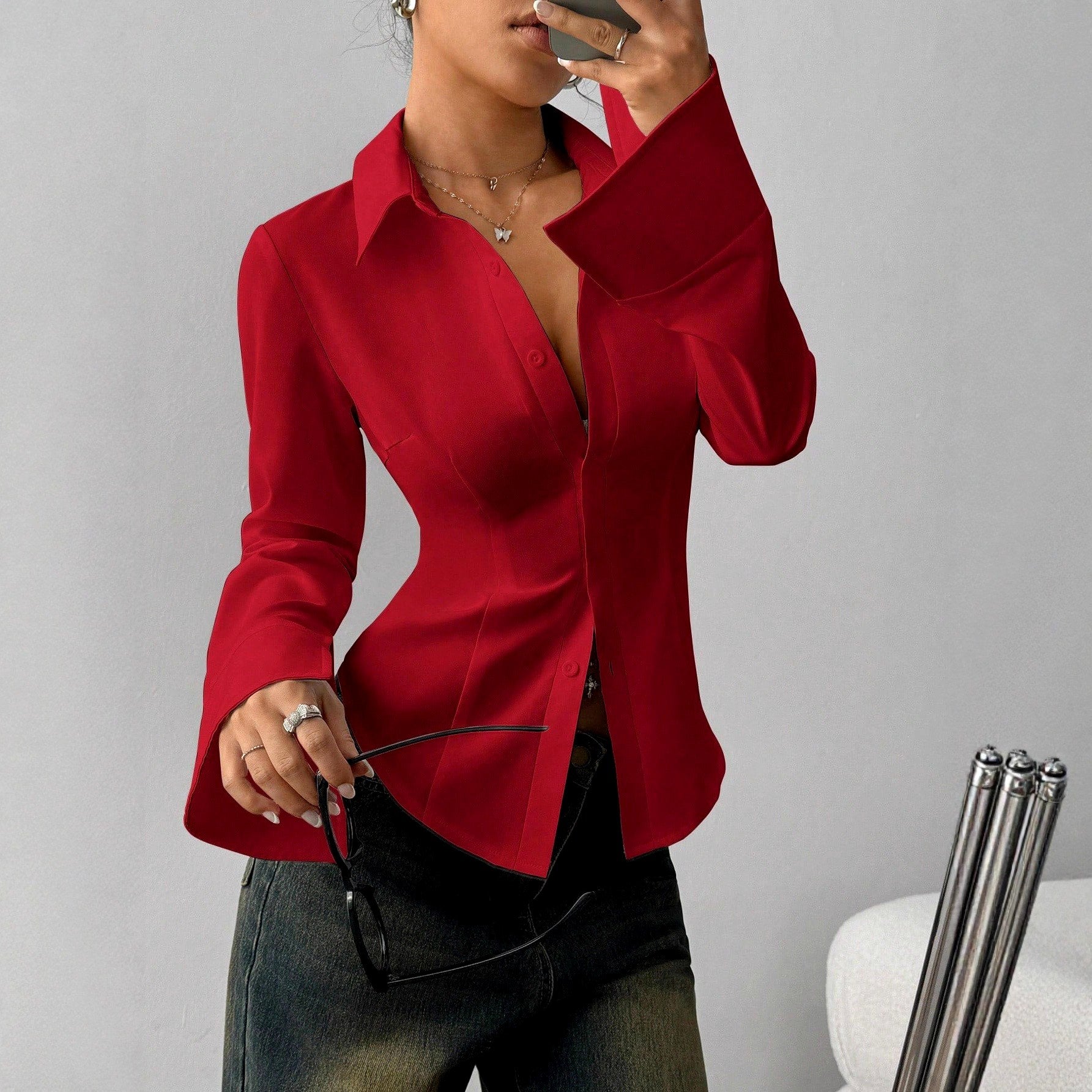 Gabrila - Women's Fitted Button-Down Statement Cuff Blouse 4