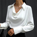 Genevieve - Women's Cowl Neck Satin Blouse with Long Sleeves