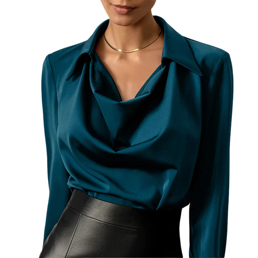 Genevieve - Women's Cowl Neck Satin Blouse with Long Sleeves
