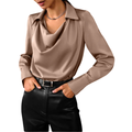 Genevieve - Women's Cowl Neck Satin Blouse with Long Sleeves