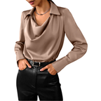 Genevieve - Women's Cowl Neck Satin Blouse with Long Sleeves