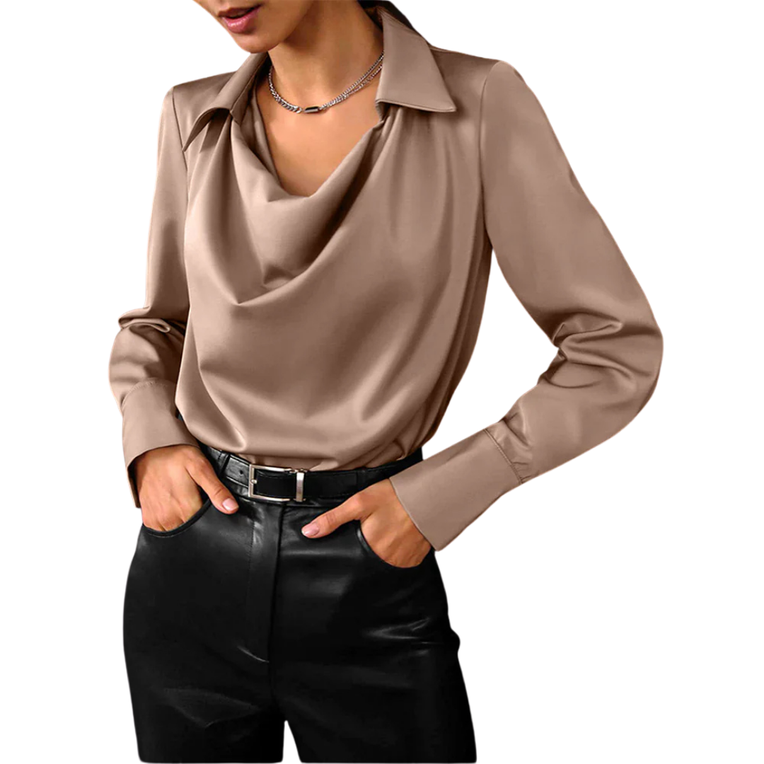 Genevieve - Women's Cowl Neck Satin Blouse with Long Sleeves