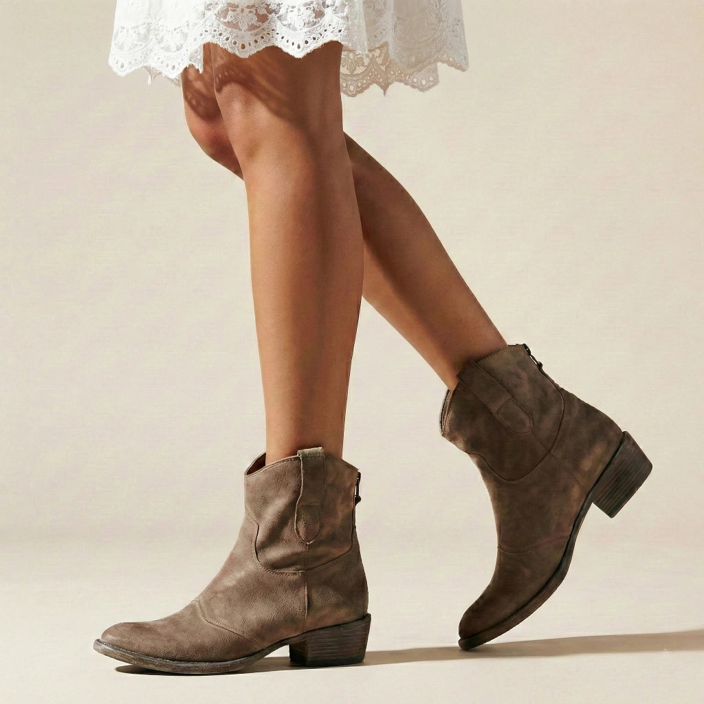 Hadley - Women's Suede Western Ankle Boots with Stacked Heel