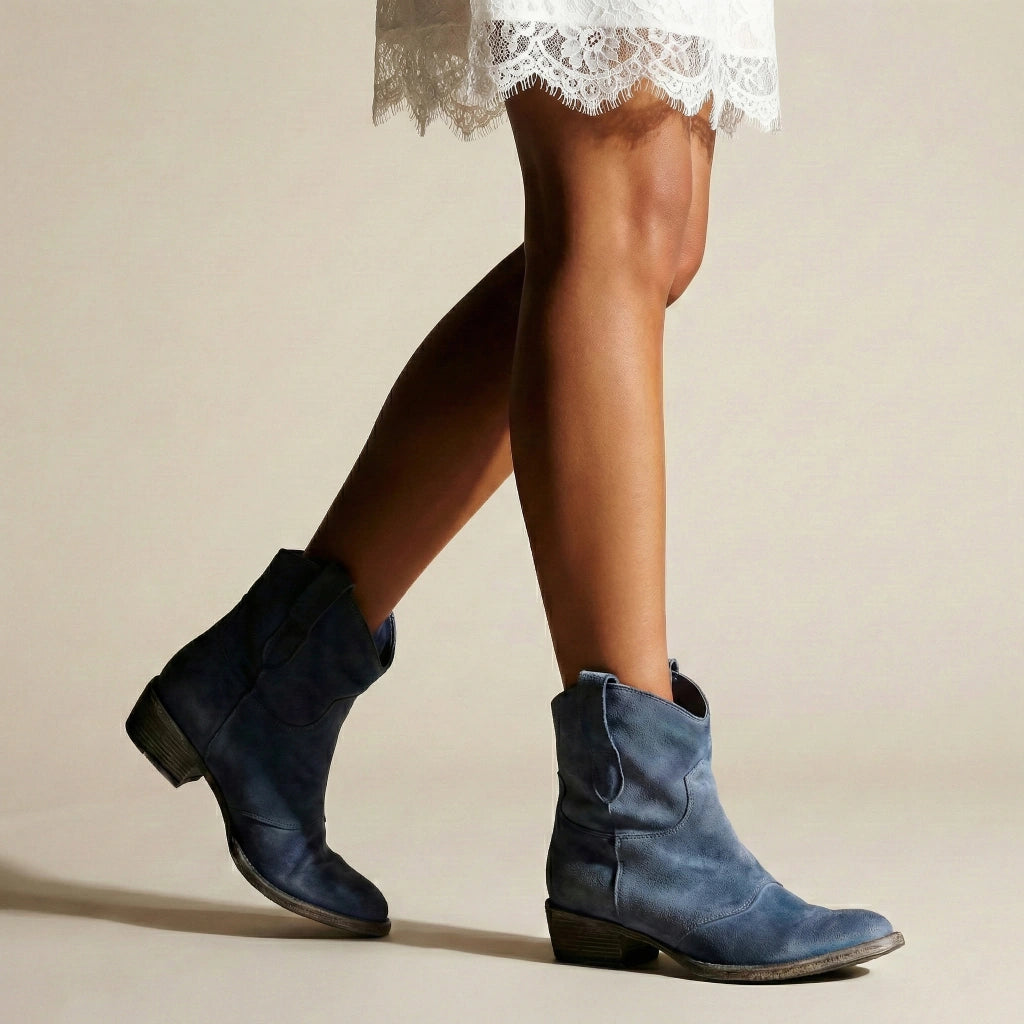 Hadley - Women's Suede Western Ankle Boots with Stacked Heel