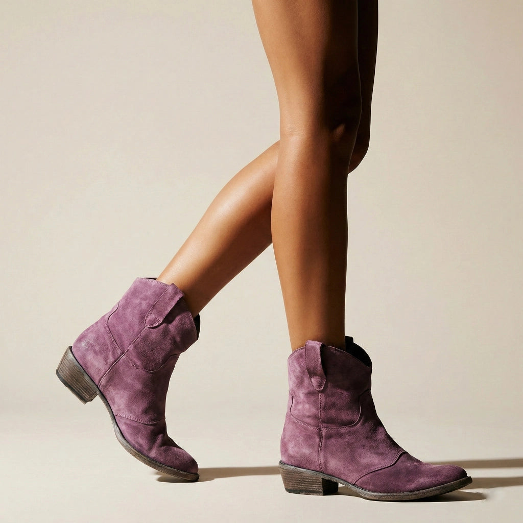 Hadley - Women's Suede Western Ankle Boots with Stacked Heel