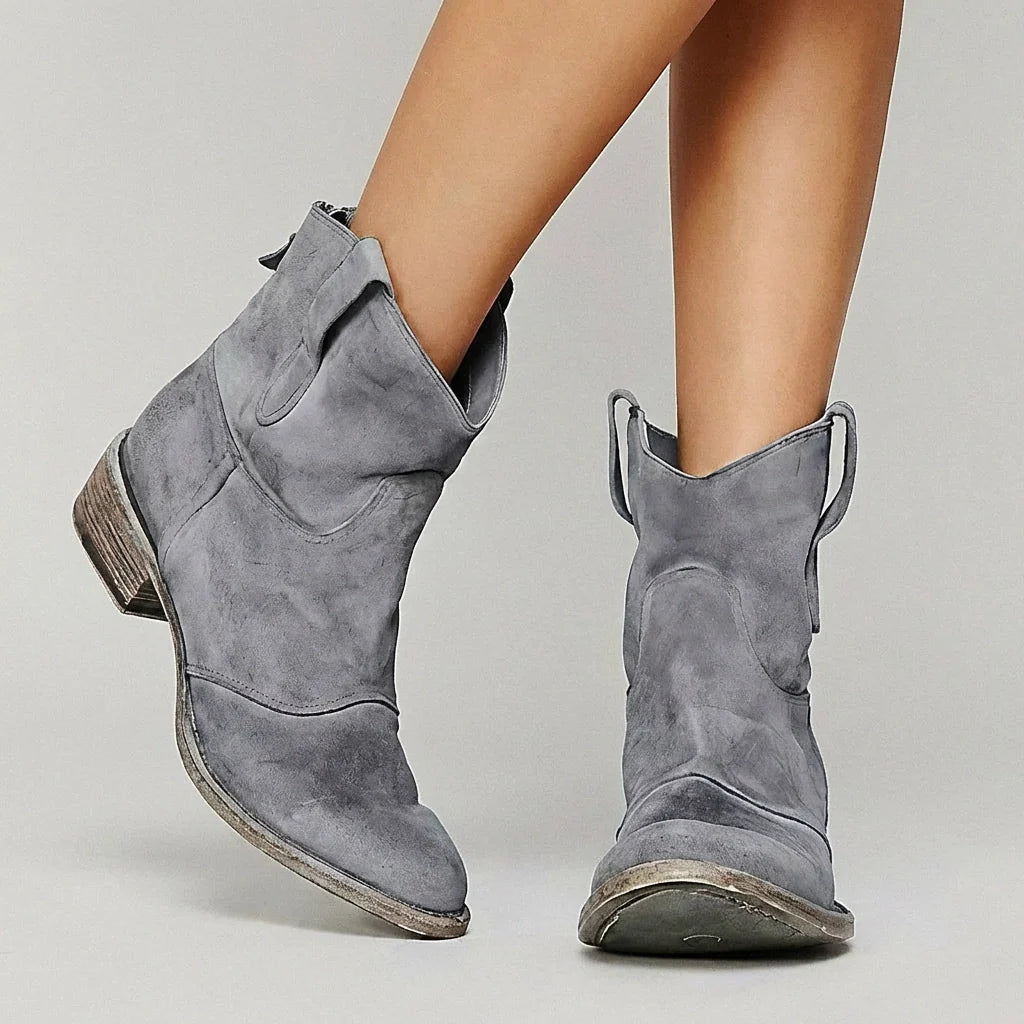 Hadley - Women's Suede Western Ankle Boots with Stacked Heel