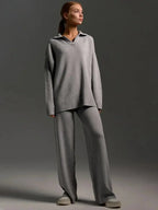 Helena - Women's Notch-Collar Oversized Top with Wide-Leg Trousers