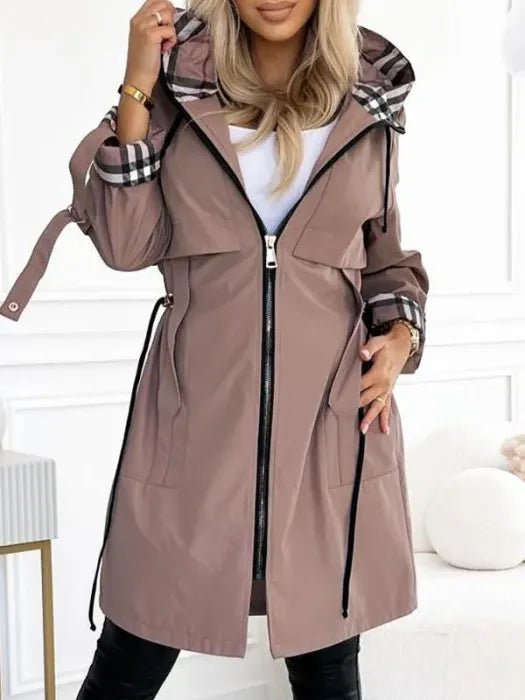 Henrietta - Women's Hooded Zip Coat with Checked Trim