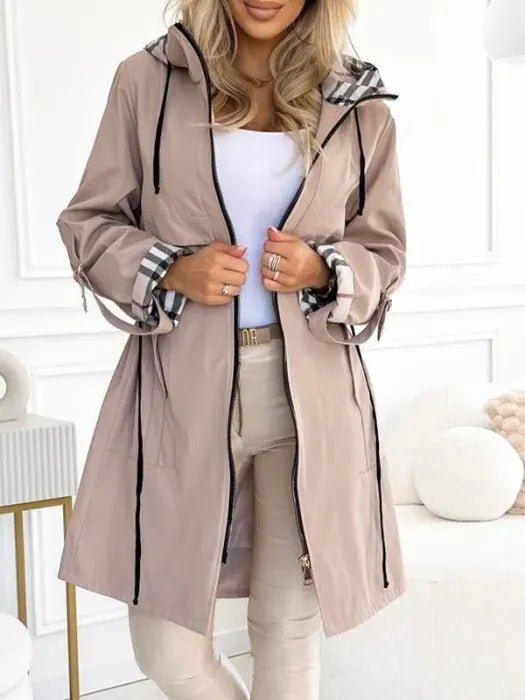 Henrietta - Women's Hooded Zip Coat with Checked Trim