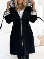 Henrietta - Women's Hooded Zip Coat with Checked Trim
