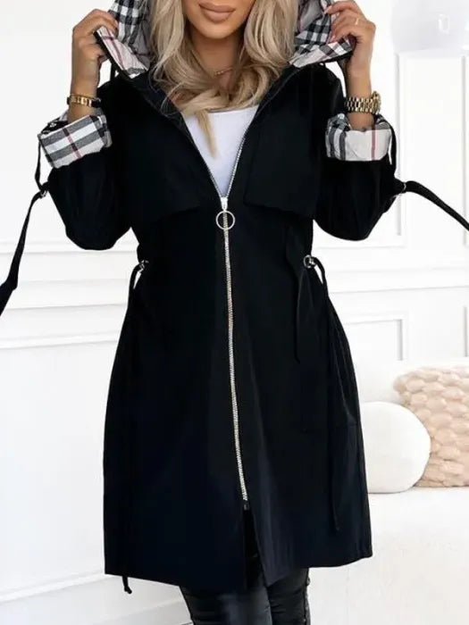 Henrietta - Women's Hooded Zip Coat with Checked Trim