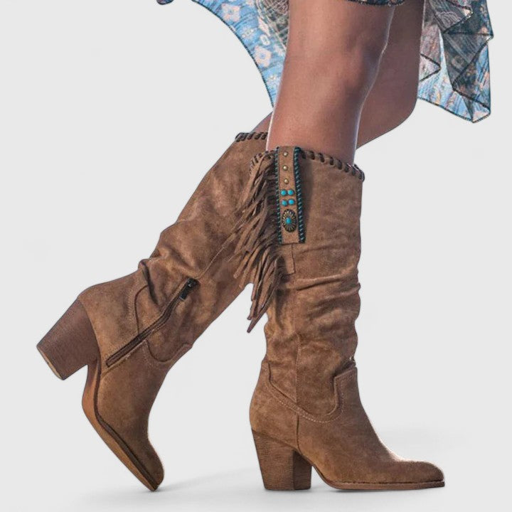 Iris - Women's Fringe-Trimmed Suede Knee-High Boots