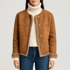 Isolde - Women's Suede Button-Front Jacket with Faux-Shearling Trim