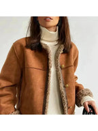 Isolde - Women's Suede Button-Front Jacket with Faux-Shearling Trim