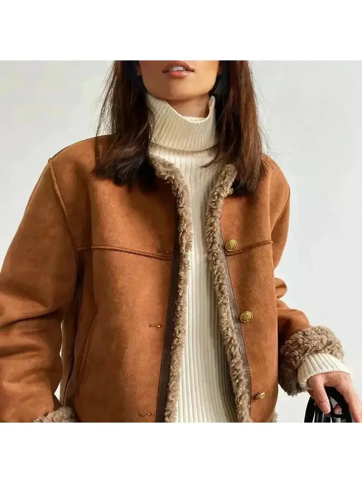 Isolde - Women's Suede Button-Front Jacket with Faux-Shearling Trim