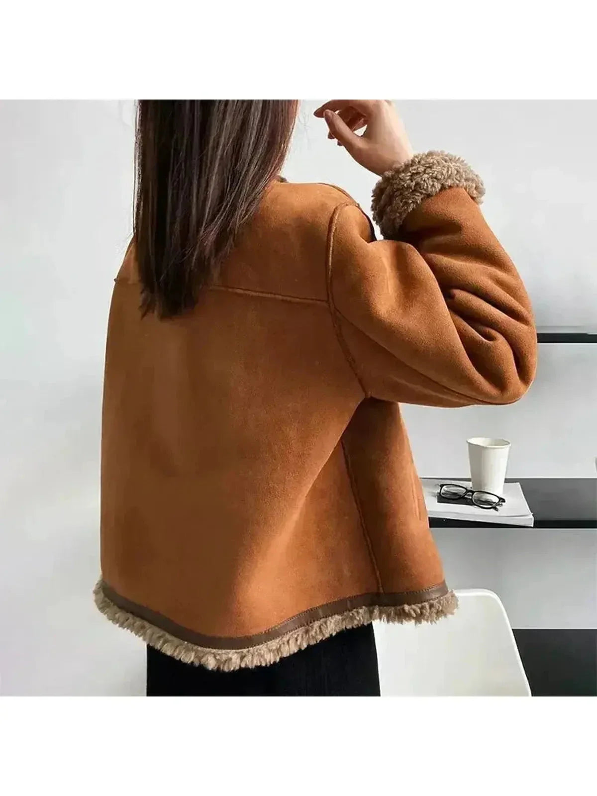 Isolde - Women's Suede Button-Front Jacket with Faux-Shearling Trim