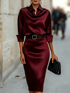 Karla - Women's Satin Draped-Collar Midi Dress with Buckle Belt