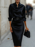 Karla - Women's Satin Draped-Collar Midi Dress with Buckle Belt