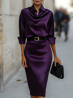 Karla - Women's Satin Draped-Collar Midi Dress with Buckle Belt