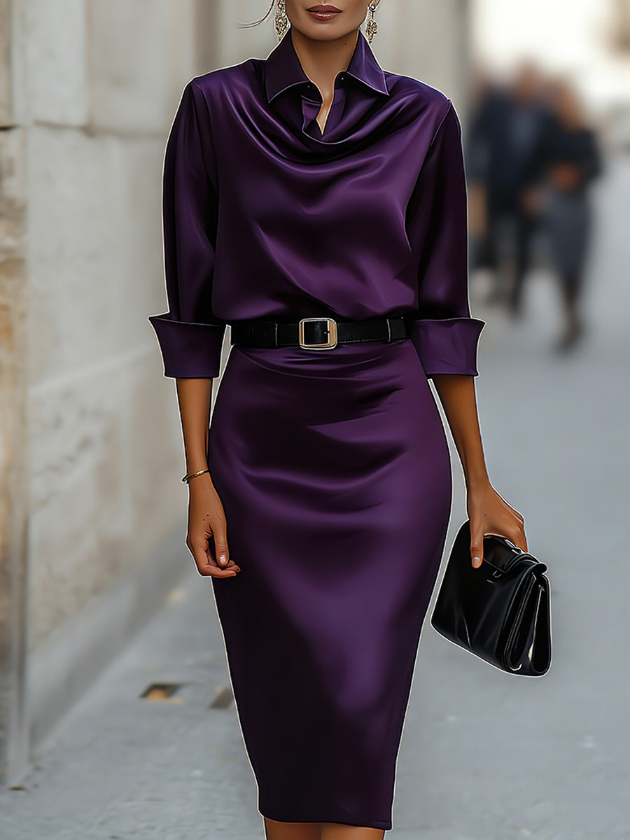 Karla - Women's Satin Draped-Collar Midi Dress with Buckle Belt