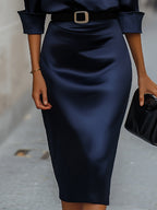 Karla - Women's Satin Draped-Collar Midi Dress with Buckle Belt