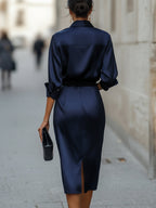 Karla - Women's Satin Draped-Collar Midi Dress with Buckle Belt