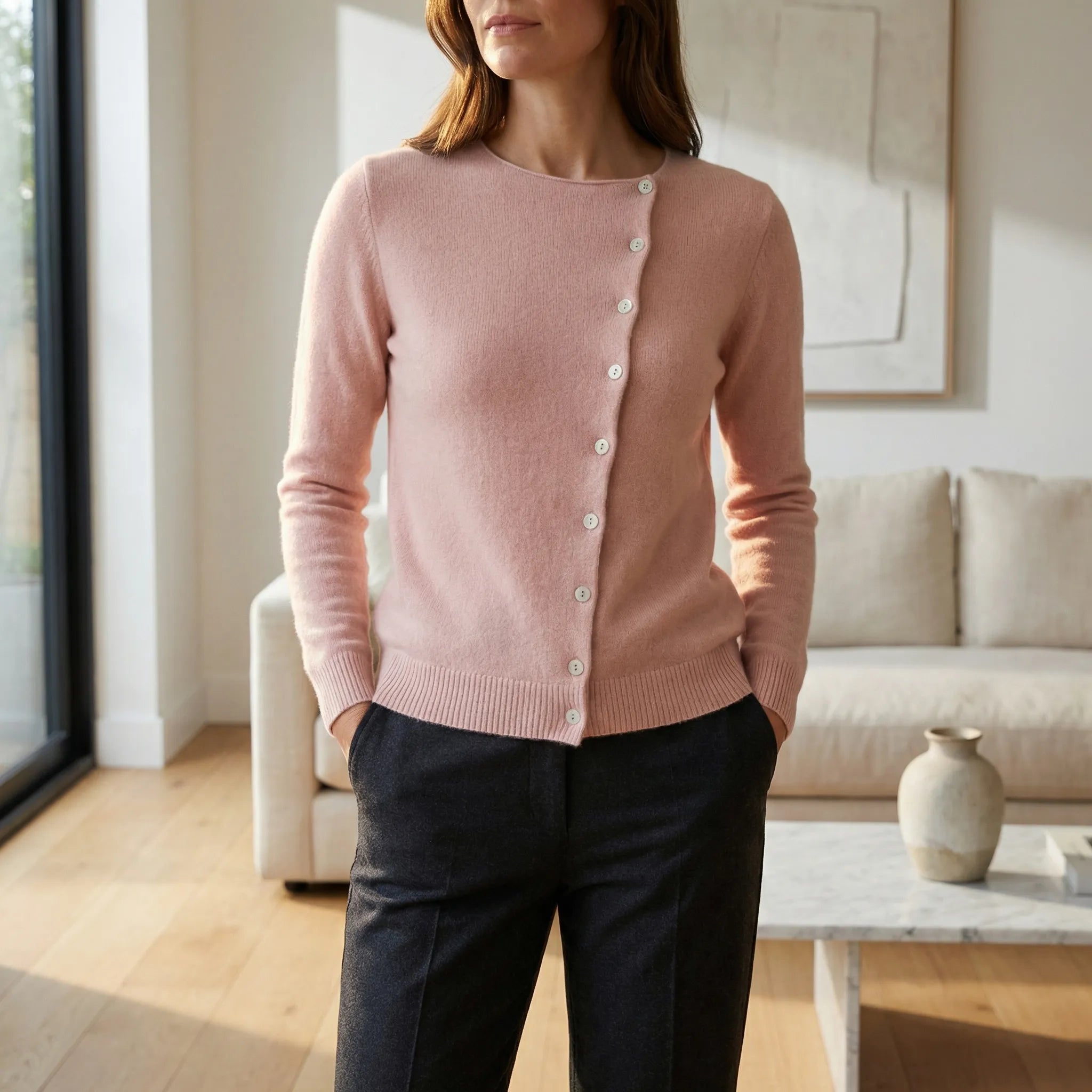 Lenya - Women's Button-Front Crewneck Cardigan