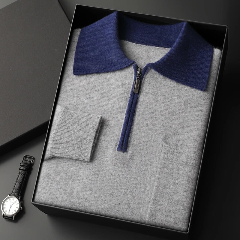 Leopold - Men's Cashmere Half-Zip Sweater with Contrast Collar
