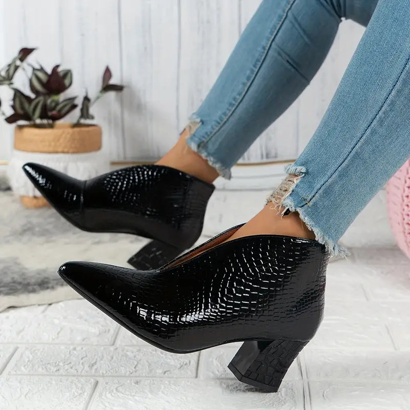 Lorraine - Women's Textured Ankle Boots with Curved Vamp and Block Heel