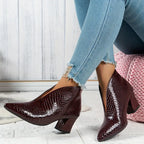 Lorraine - Women's Textured Ankle Boots with Curved Vamp and Block Heel