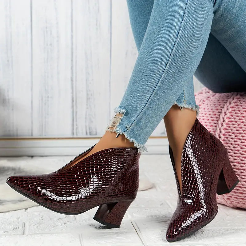 Lorraine - Women's Textured Ankle Boots with Curved Vamp and Block Heel