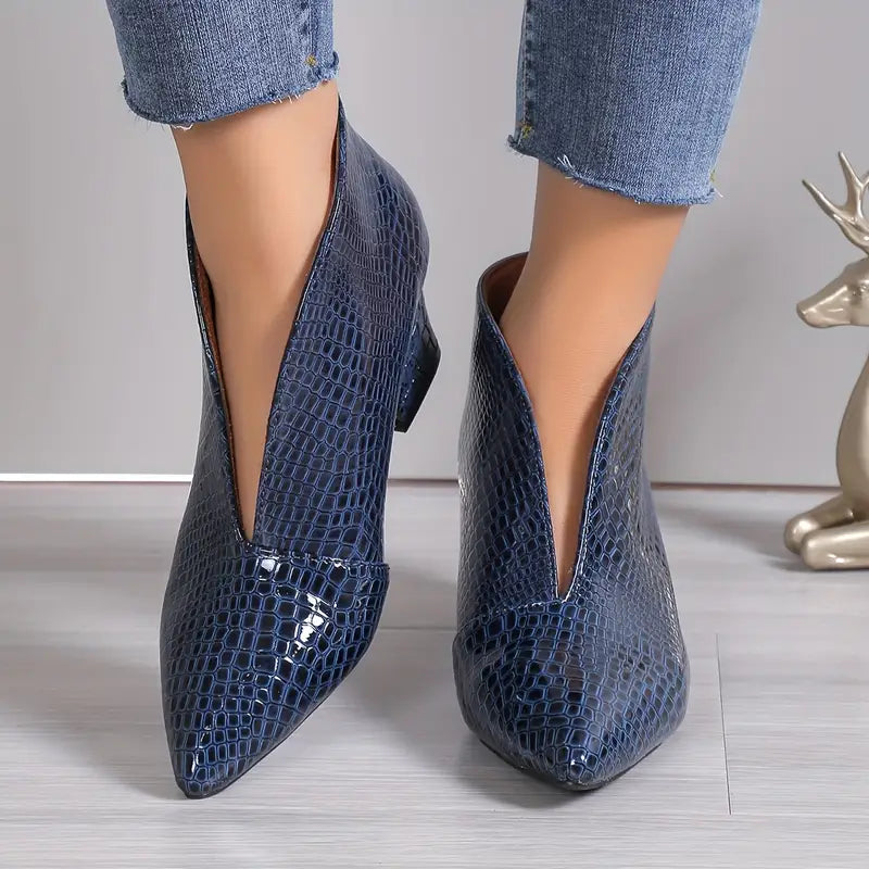 Lorraine - Women's Textured Ankle Boots with Curved Vamp and Block Heel