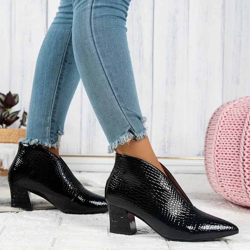 Lorraine - Women's Textured Ankle Boots with Curved Vamp and Block Heel