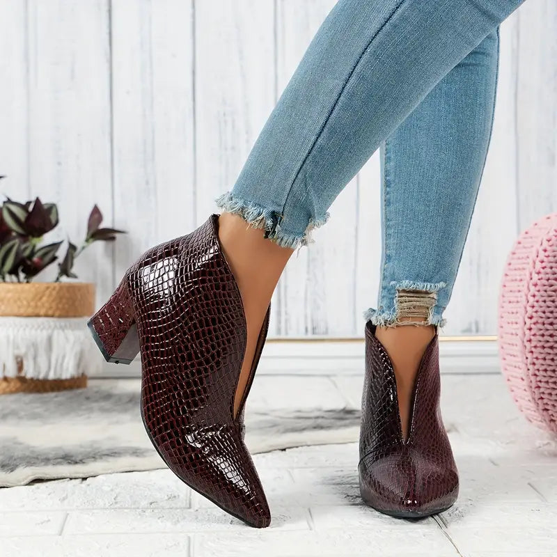 Lorraine - Women's Textured Ankle Boots with Curved Vamp and Block Heel