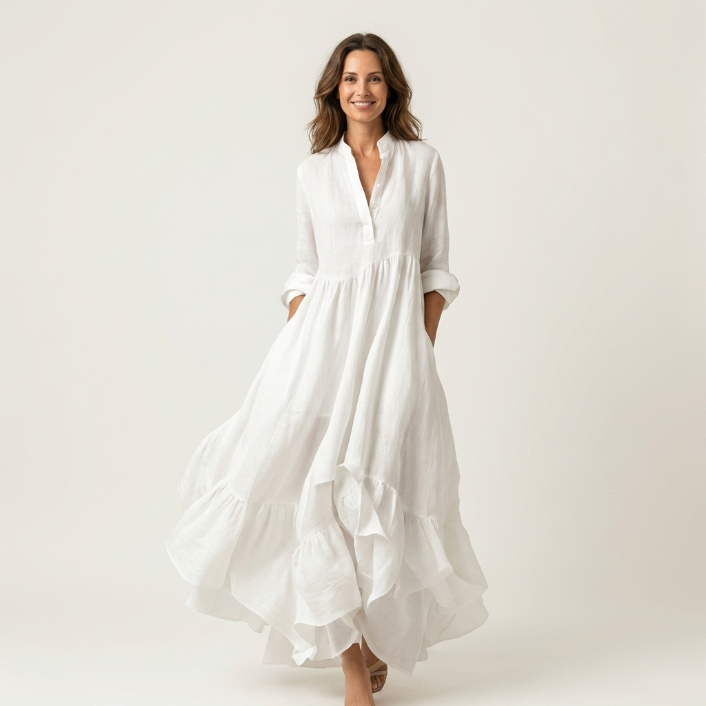 Lucinda - Women's Button-Front Maxi Dress with Tiered Ruffle Hem