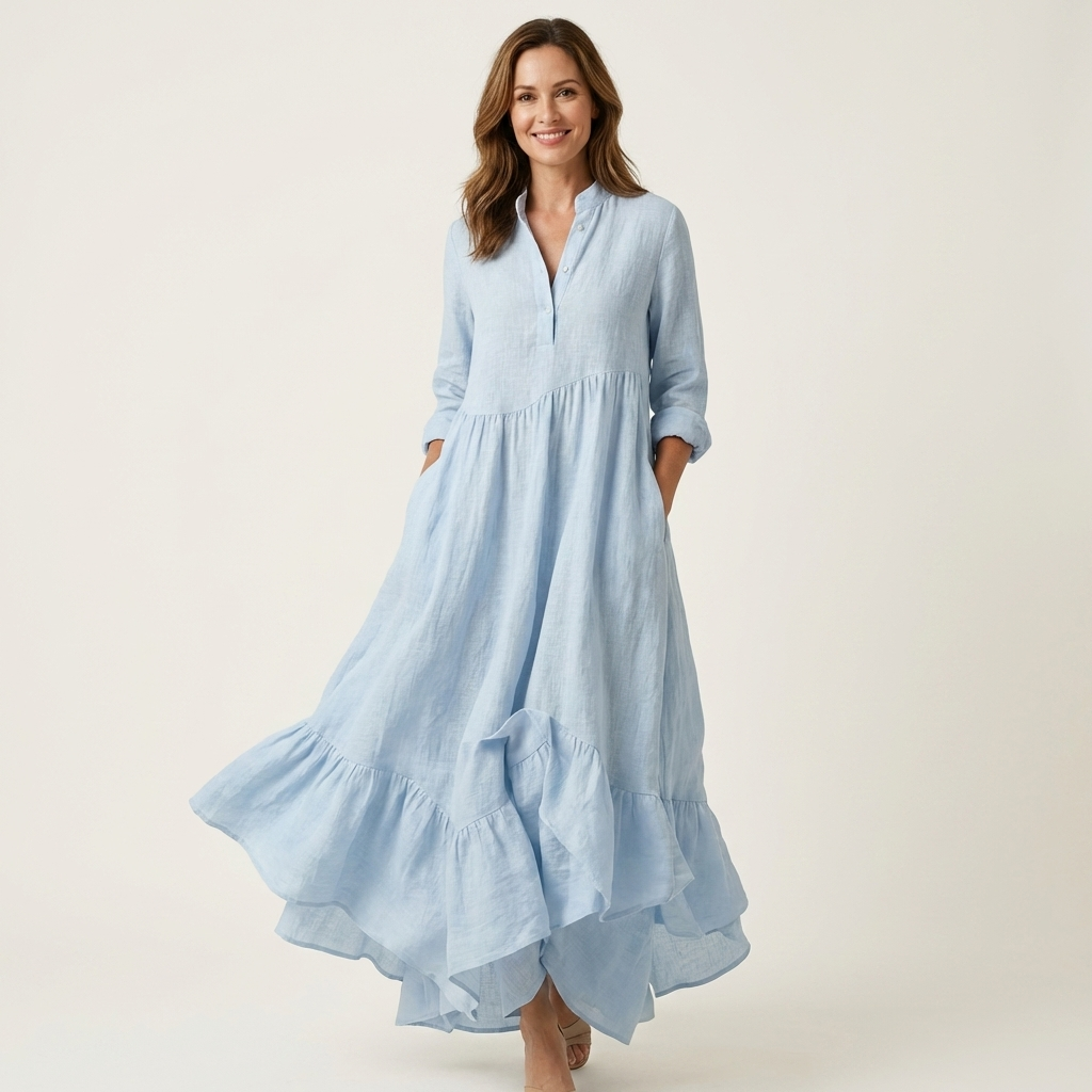 Lucinda - Women's Button-Front Maxi Dress with Tiered Ruffle Hem