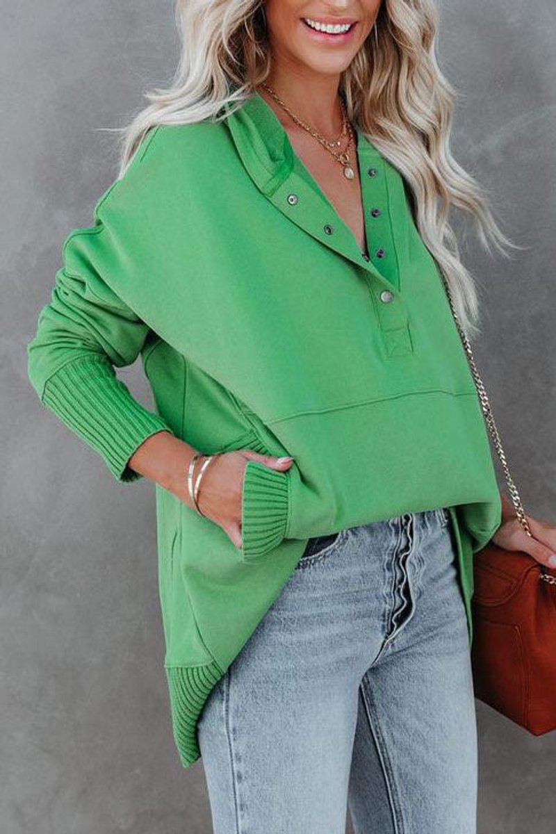 Lydia - Women's Longline Hooded V-Neck Sweatshirt with Snap Placket