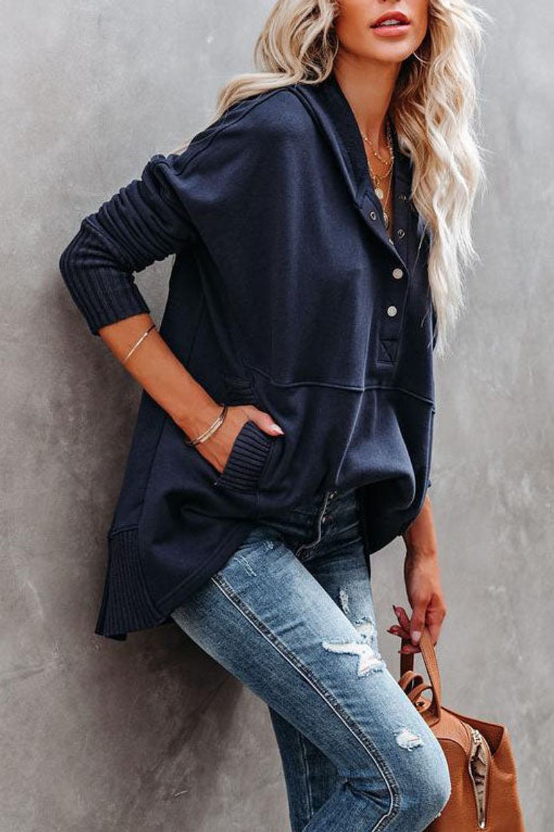 Lydia - Women's Longline Hooded V-Neck Sweatshirt with Snap Placket