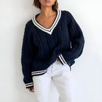 Maisie - Women's Cable-Knit V-Neck Sweater with Varsity Stripes