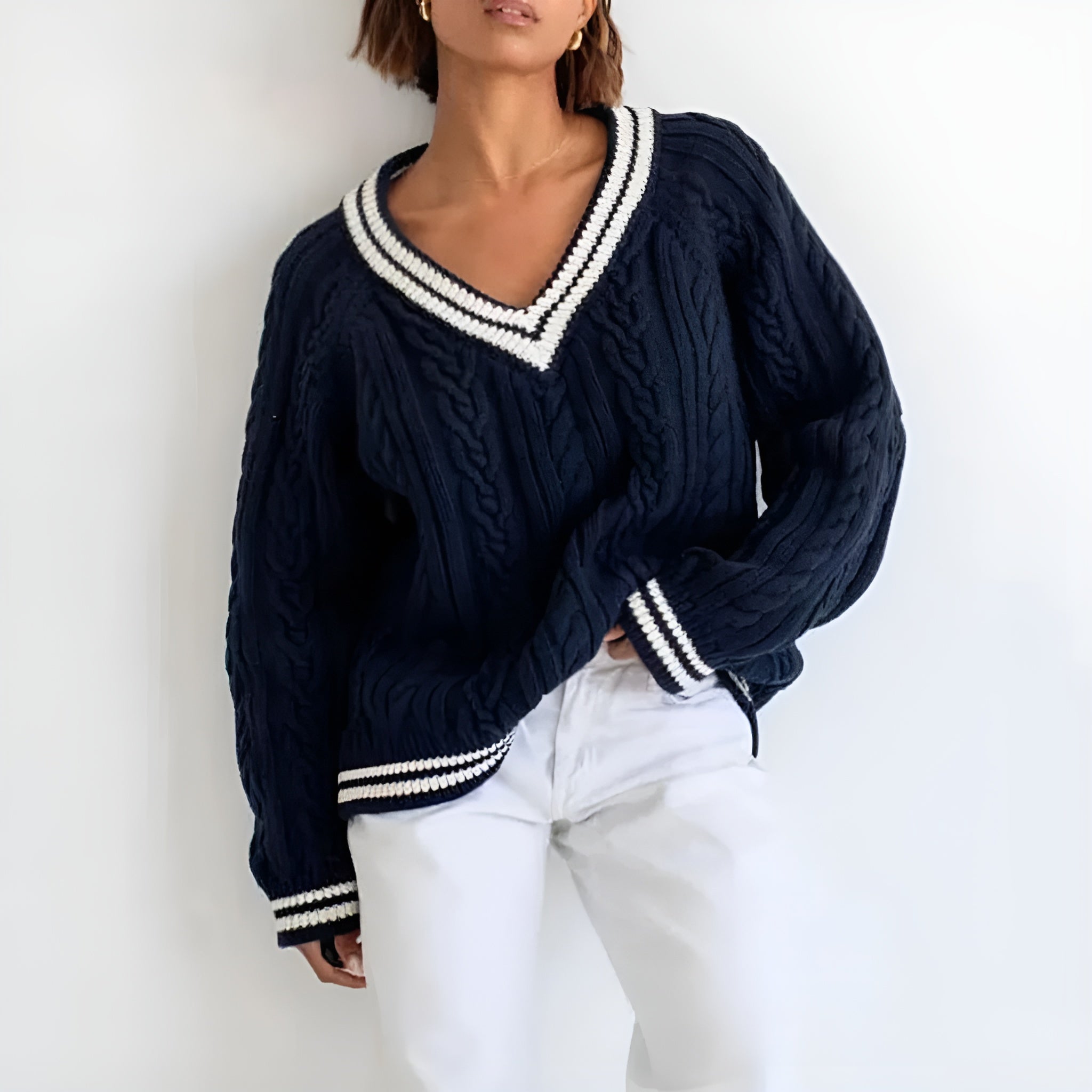 Maisie - Women's Cable-Knit V-Neck Sweater with Varsity Stripes