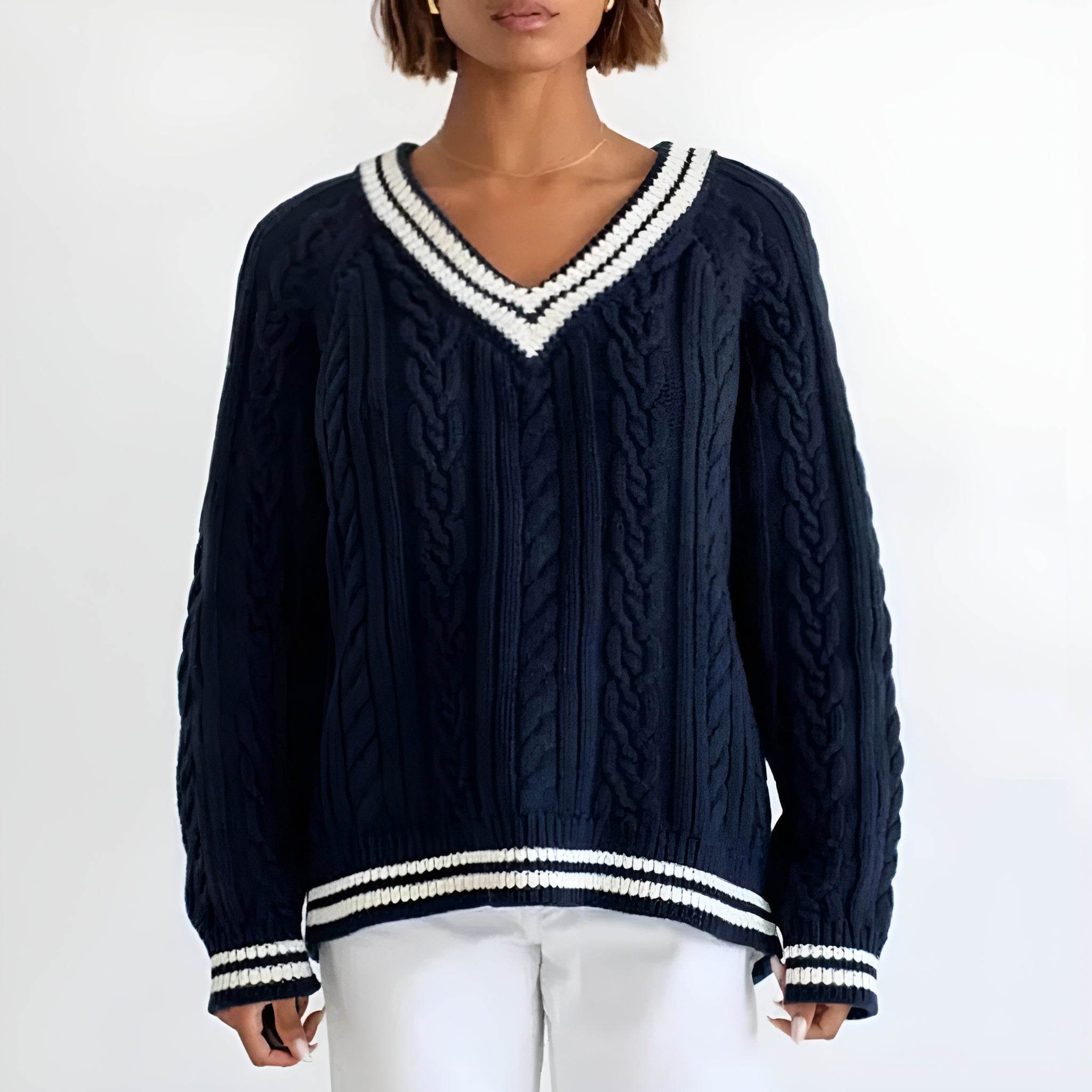Maisie - Women's Cable-Knit V-Neck Sweater with Varsity Stripes