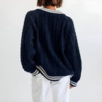Maisie - Women's Cable-Knit V-Neck Sweater with Varsity Stripes
