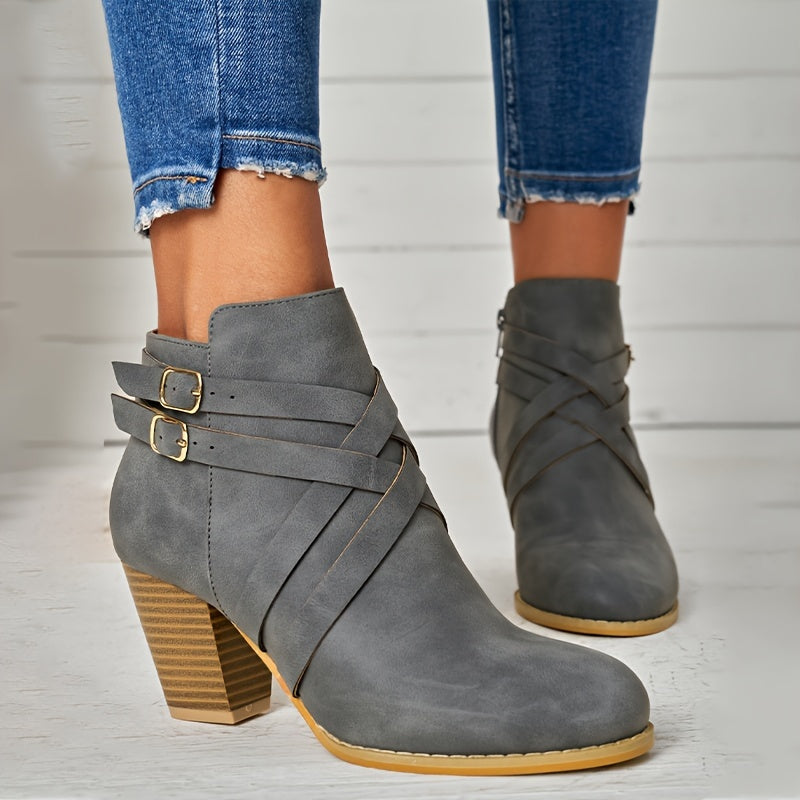 Margot - Women's Buckle-Strap Block Heel Ankle Boots